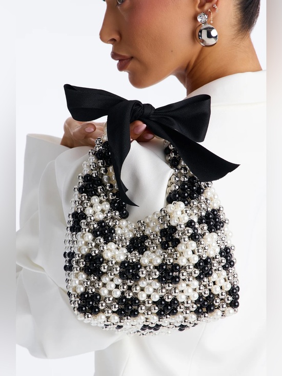 a new day Handbags - NWT A New Day Black & White Beaded Checkered Shoulder Bag with Bow Pearl